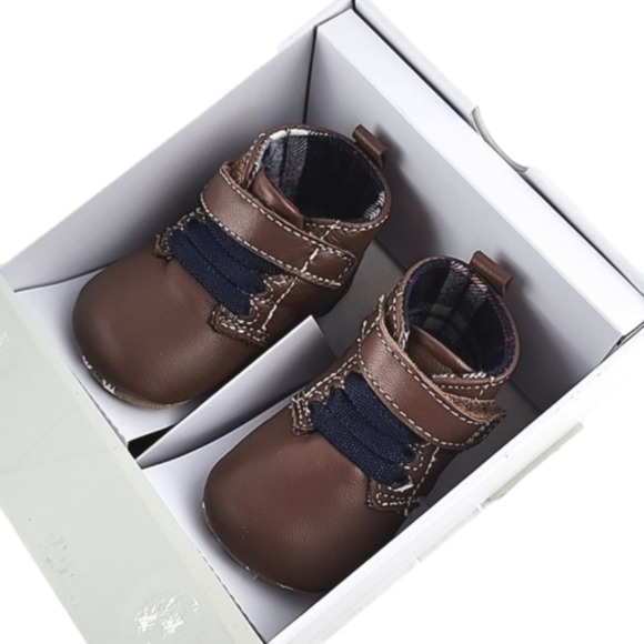 Robeez First Kicks Shoes Soft Brown Premium Leather Baby Navy Plaid Sz 0-3 Month - Picture 4 of 15